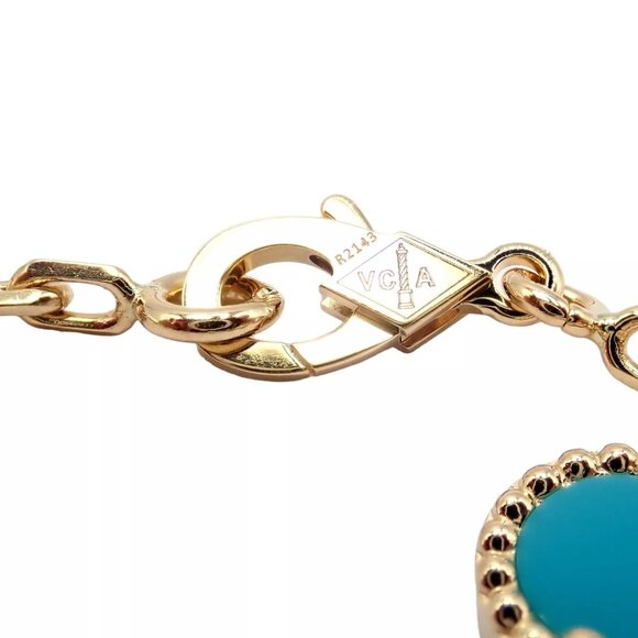 Van Cleef & Arpels 18k Yellow Gold 20 Motif Alhambra Diamond Turquoise Necklace - Picture 9 of 16